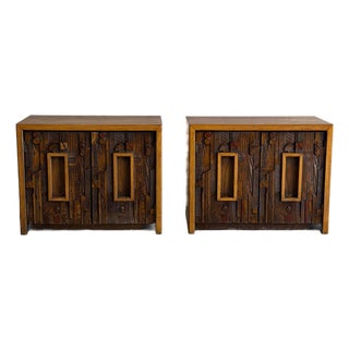 Lane Brutalist Oak Nightstands Set of 2 Wooden Bedroom Storage End Tables 1970s For Sale