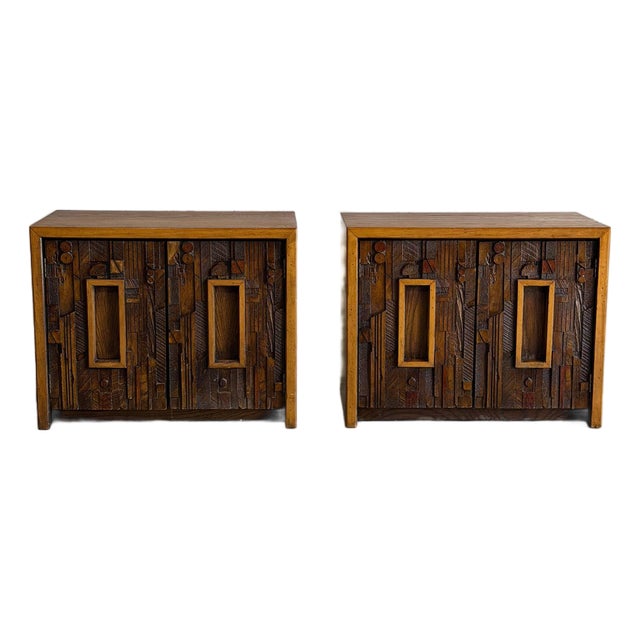 Lane Brutalist Oak Nightstands Set of 2 Wooden Bedroom Storage End Tables 1970s For Sale