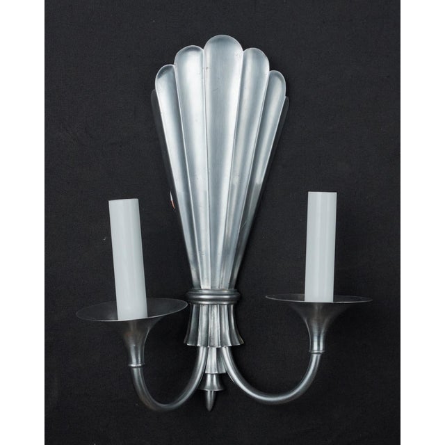 Art Deco 1980s Art Deco Pewter Two Arm Wall Sconces - a Pair For Sale - Image 3 of 8