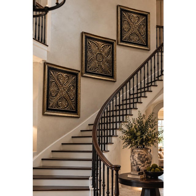 Set of 3 Oversized 33” Black & Antique Gold Architectural Relief Wall Panels For Sale - Image 11 of 11