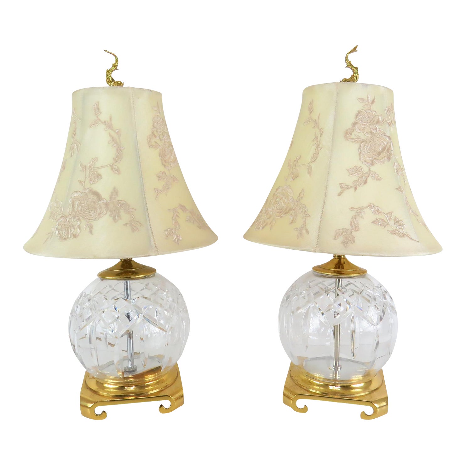 Vintage Waterford Crystal and Brass Bedside Lamps With Shades and