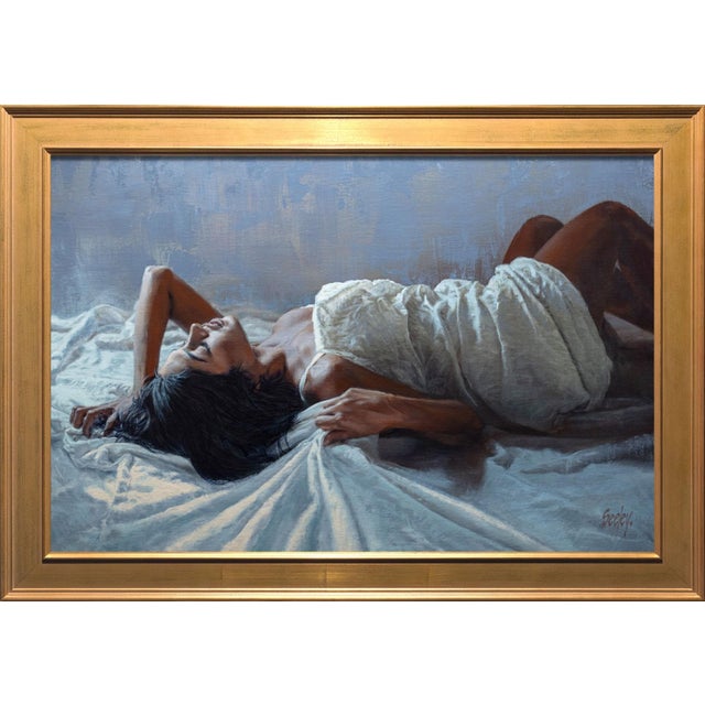 wRapt by Dave Seeley | Oil on Canvas on Board Woman reclining on a bed with white sheets. For Sale