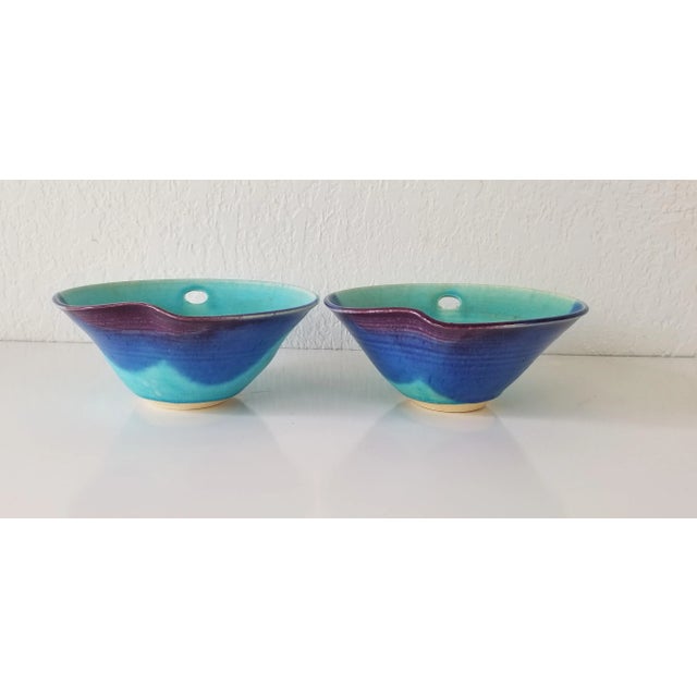 Blue Vintage Purple and Blue Turquoise Glazed Pottery Bowls - a Pair For Sale - Image 8 of 8