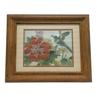 1970s Asian Framed Bird and Flowers Painting on Silk For Sale