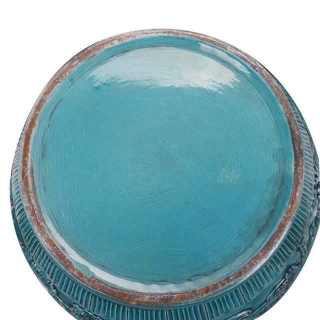 Turquoise Early 21st Century Jingdezhen Hand Carved Ceramic Turquoise Blue Planter With Zodiac Motif For Sale - Image 8 of 10