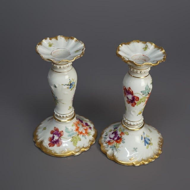 Traditional Antique German Hand Painted & Gilt Floral Porcelain Candlesticks, Berlin 1900 For Sale - Image 3 of 9