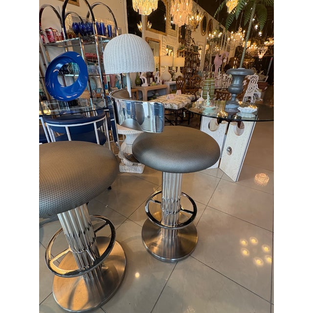 Design for Leisure LTD Set of 3 Bar Stools Fluted Chrome Steel Swivel For Sale - Image 10 of 12