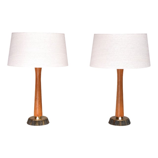Model E1141 Table Lamps in Oak and Brass by Bo Råman for Asea, Sweden, 1950s, Set of 2 For Sale
