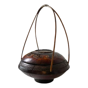 Chinese Hand Carved Wood Antique 19th Century Basket With Bamboo Handle