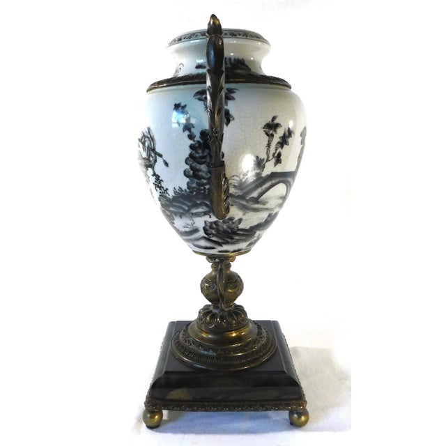 Mid Century Black & White Porcelain Bronze & Marble Pedestal Urn Vase For Sale - Image 11 of 12