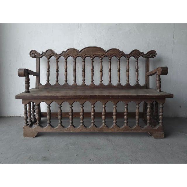 This Antique Architectural Spanish Mediterranean Style Bench is beautiful. The architectural shape with all the spindles...