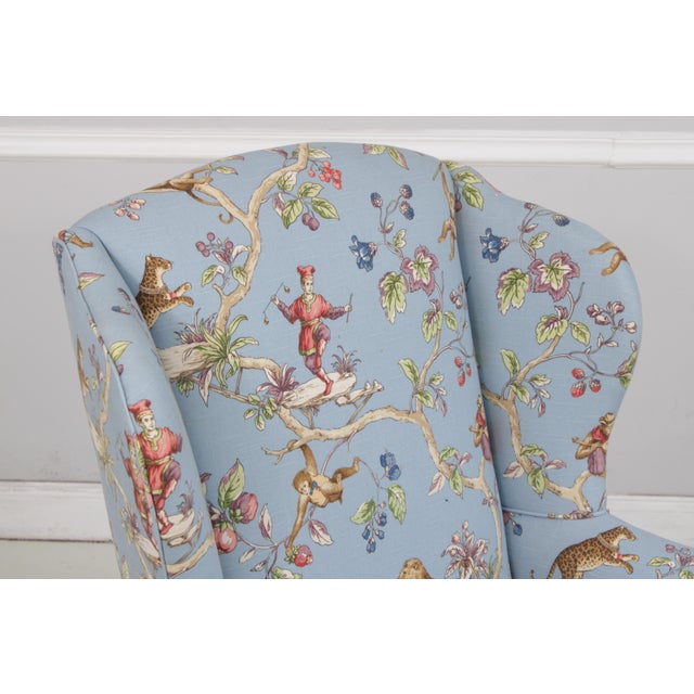 Blue Pair Jungle Boogie Monkey Toile Upholstered Wing Chairs For Sale - Image 8 of 14