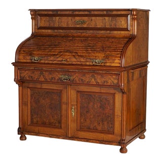 Antique English Burled Walnut & Mahogany Ladies Roll Top Desk Circa 1890 For Sale