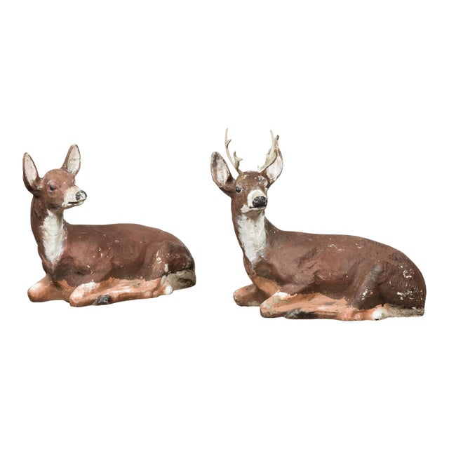 Vintage Pair of Midcentury American Deer Sculptures with Weathered Patina For Sale