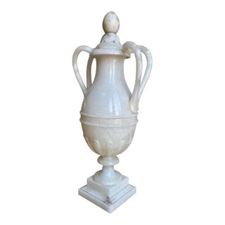Monumental Hand-Carved Italian Neoclassical Alabaster Lidded Vessel, 29.5”, 2nd Quarter 20th Century For Sale