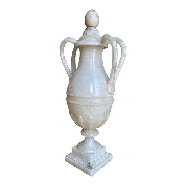 Monumental Hand-Carved Italian Neoclassical Alabaster Lidded Vessel, 29.5”, 2nd Quarter 20th Century For Sale