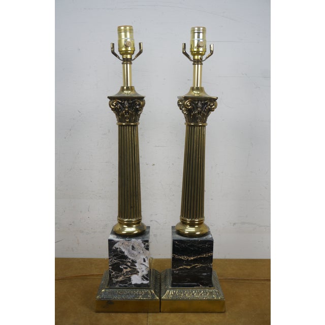 Mid 20th Century Set of 2 Greek Neoclassical Brass & Marble Corinthian Column Table Lamps, Mid 20th Century For Sale - Image 5 of 11
