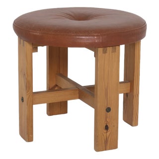 Vintage Midcentury Modern Leather & Pine Stool Ottoman, in the Manner of Kai Kristianssen, Sweden, 1970s For Sale