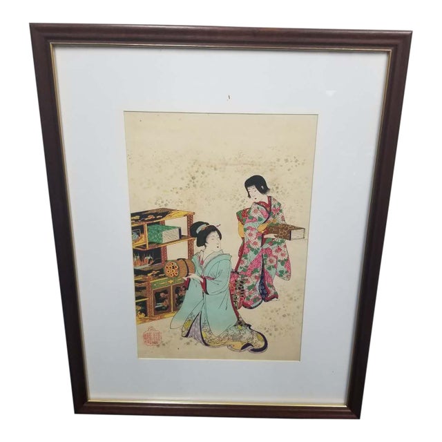 Vintage Japanese Ukiyo-E Period Woodblock Print Depicting Two Women With Scroll and Book For Sale