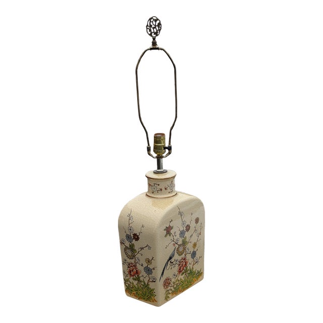 Vintage Large Crackle Oriental Asian Floral With Birds Table Lamp 29", Oriental Lamp, Asian Decor For Sale