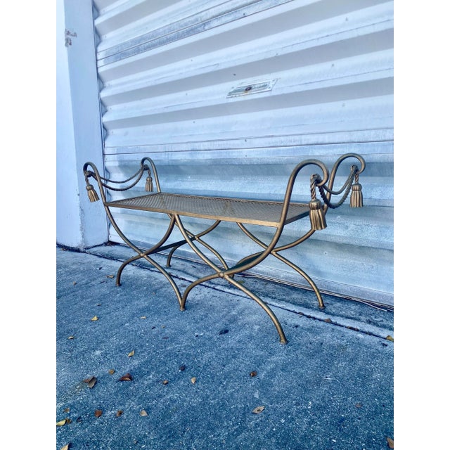 Hollywood Regency 1970s Rope Gilt Metal and Teasel Bench . For Sale - Image 3 of 12