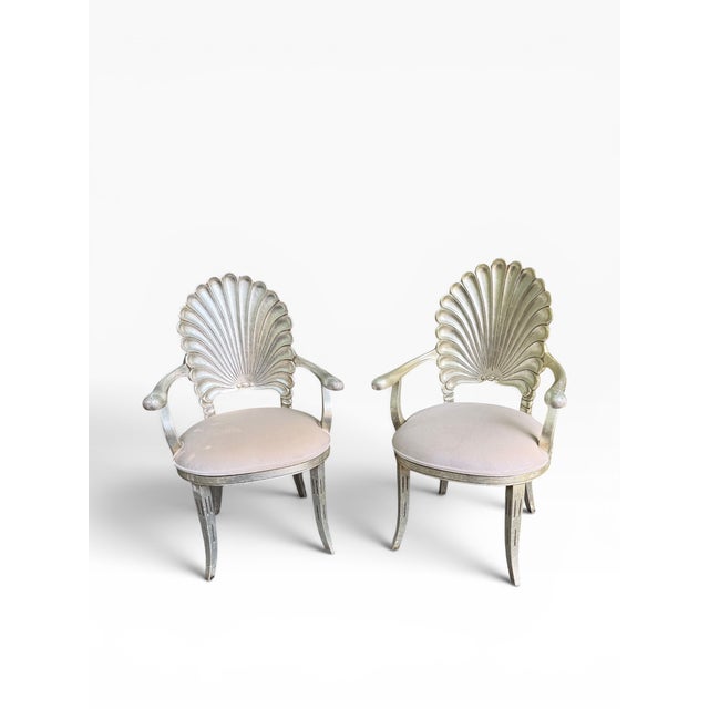 Late 20th Century Hollywood Regency Silver Leaf Shell Back Armchairs in Brunschwig & Fils Velvet – Pair For Sale - Image 4 of 13