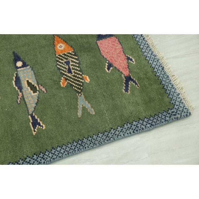 Green Koi Fish Olive Green Hand Knotted Runner Rug 2.6x6Ft. For Sale - Image 8 of 18