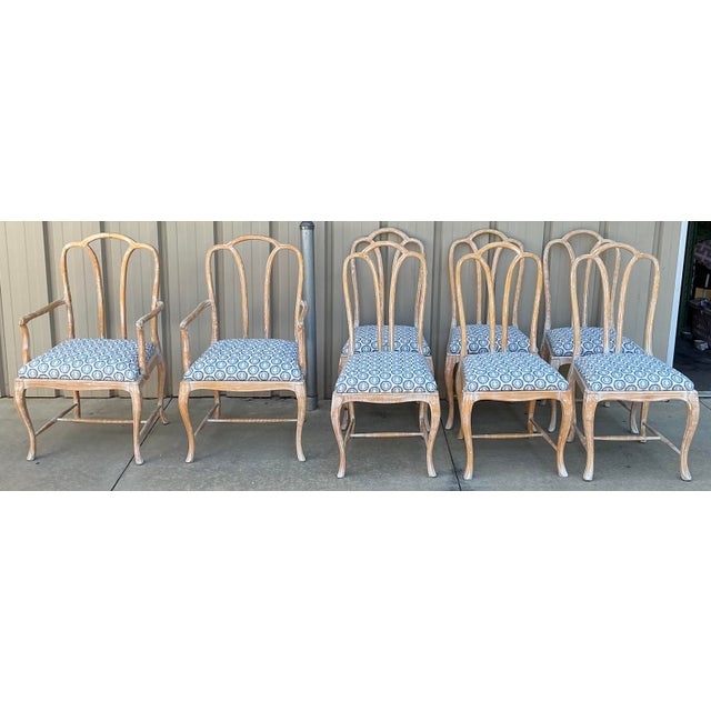 Tan Gustavian Style Cerused Dining Chairs in New Blue & White Linen Set of 8 For Sale - Image 8 of 15