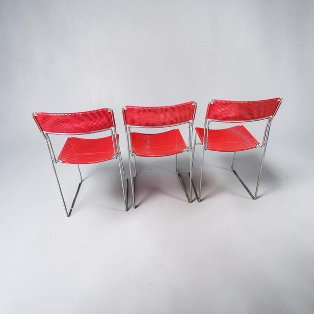 Mid-Century Modern Vintage 1970s Red Perforated Mesh & Chrome Stacking Dining Chairs – Set of 3 For Sale - Image 3 of 10
