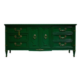 Mid Century Transitional Sideboard or Dresser in Green With Gold Trim by Drexel - Newly Painted For Sale