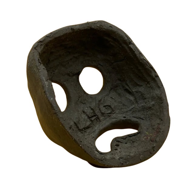 1990s Abstract Biomorphic Dark Fired Clay Mask Sculpture Wall Decor For Sale - Image 5 of 5