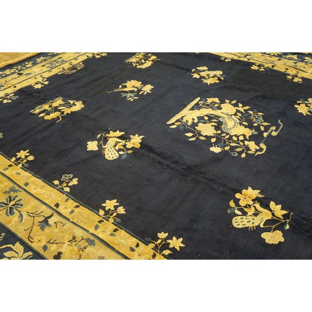 1920s 1920s Traditional Navy Blue Floral Antique Peking Knotted Room Size Wool Rug For Sale - Image 5 of 8