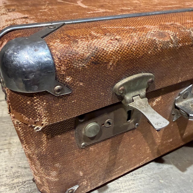 Industrial Weathered Brown Vintage Suitcase With Metallic Latches Industrial For Sale - Image 3 of 16