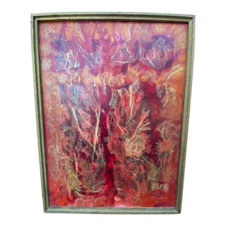 Vintage Mid-Century Modern Textural Red & Orange Abstract Mixed Media Collage Painting by Barnes For Sale