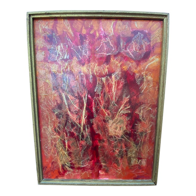 Vintage Mid-Century Modern Textural Red & Orange Abstract Mixed Media Collage Painting by Barnes For Sale