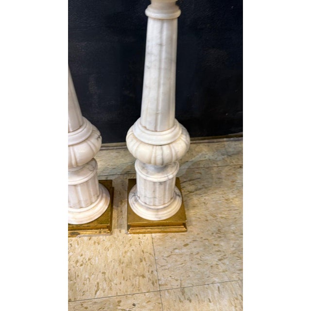 Pair of 1940's French carved alabaster columns table lamps in neoclassic style