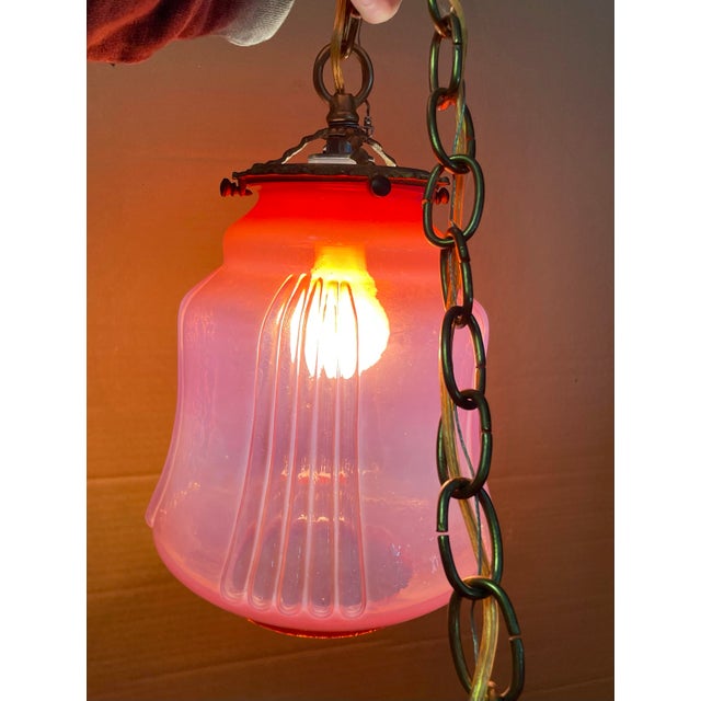 Mid 20th Century Cranberry Opalescent Cased Glass Hanging Pendant Ceiling Light Fixture For Sale - Image 10 of 12