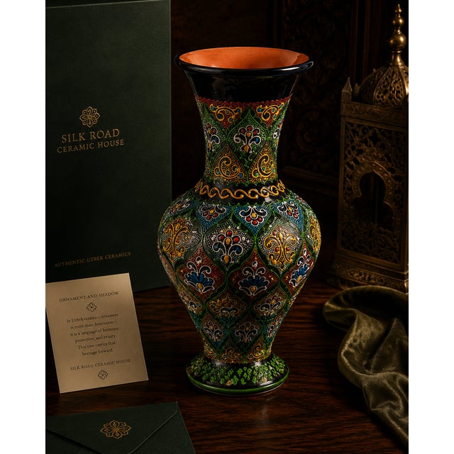Arabesque Hand-Painted Uzbek Ceramic Vase Presented by Silk Road Ceramic House, this large hand-painted Uzbek ceramic vase...