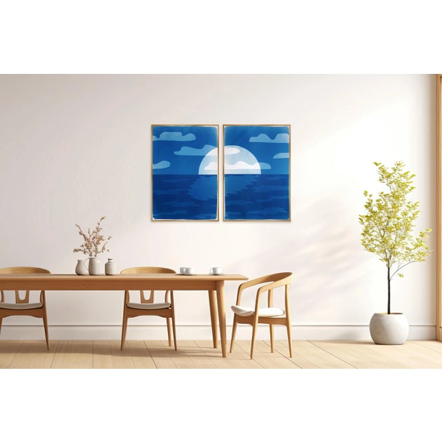Sunset Over Ocean is a unique cyanotype monotype on watercolor paper, blending the timeless beauty of ocean horizons with...