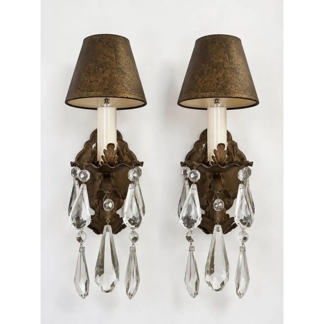 1960s French Regency Style Bronze Wall Sconces With Crystal Drops and Shades, a Pair For Sale - Image 4 of 13