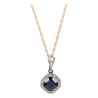 1910s Edwardian Sapphire Diamond Platinum 14k Gold Pendant Necklace For Sale