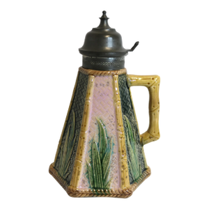 Late 19th Century Etruscan Majolica Griffin Smith and Hill Bamboo Syrup Pitcher With Pewter Top