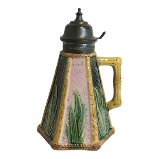 Late 19th Century Etruscan Mojolica Griffin Smith and Hill Bamboo Syrup Pitcher With Pewter Top For Sale