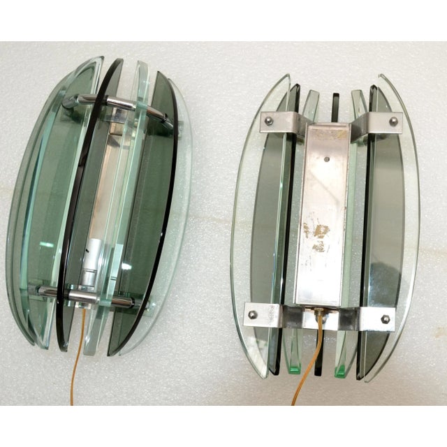 Metal Italian Smoke Clear Green Glass Sconces by Veca Mid-Century Modern 1970 - Pair For Sale - Image 7 of 13
