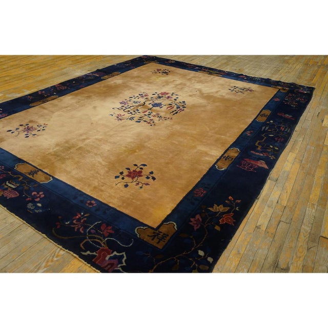 Antique Art Deco Room Size Wool Blue, Ivory Beige Cream White Rug, Circa Date: 1920s. This exceptional piece captures the...