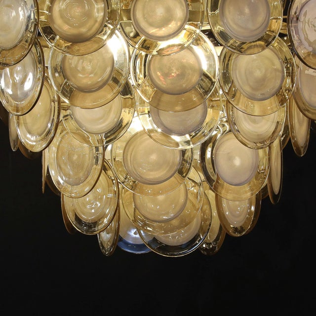 Modernist 10-Tier Handblown Topaz Murano Glass Disc Chandelier W/ Brass Fittings For Sale - Image 12 of 17