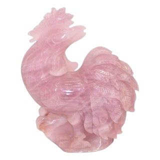 Pink Rooster Natural Rose Quartz Gemstone Chicken Sculpture Large 8.5" For Sale