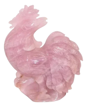 Pink Rooster Natural Rose Quartz Gemstone Chicken Sculpture Large 8.5"