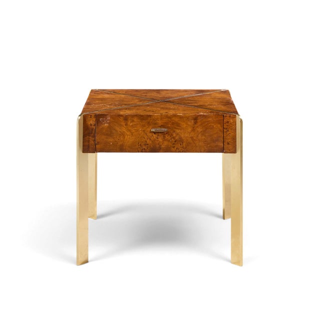 Milo Baughman Style Hekman Mid Century Burlwood and Brass Side End Table This side table measures: 24 wide x 28.75 deep x...