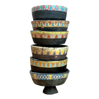 Vintage Painted Ceramic Pedestal Bowls - Set of 6 For Sale
